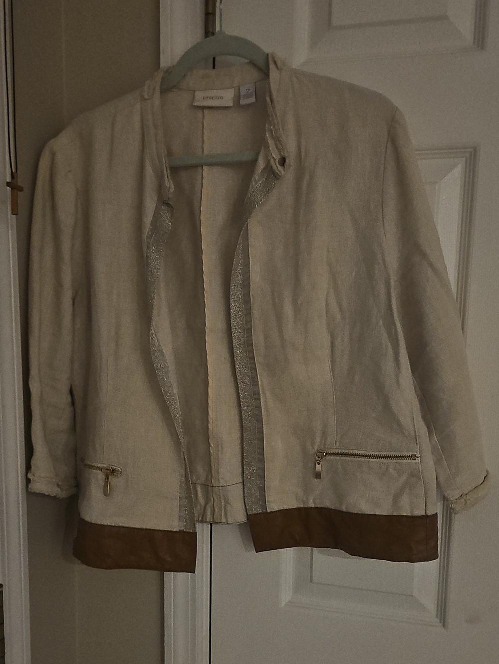 Chico's Cream Open-Front Linen Blend Jacket with Brown Hem